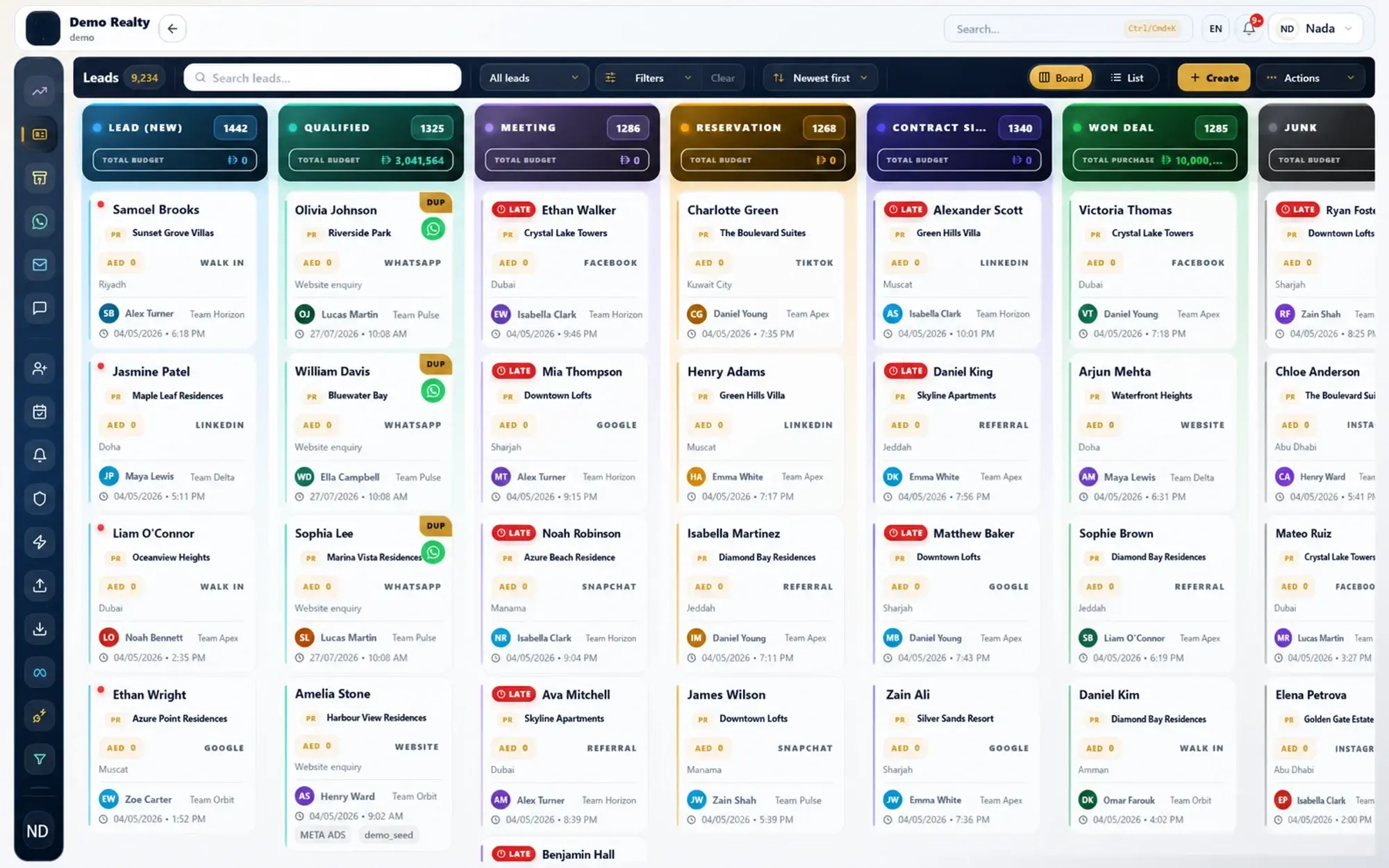 LEADOXE demo workspace showing property leads moving through new, qualified, meeting, reservation, contract and won-deal pipeline stages.